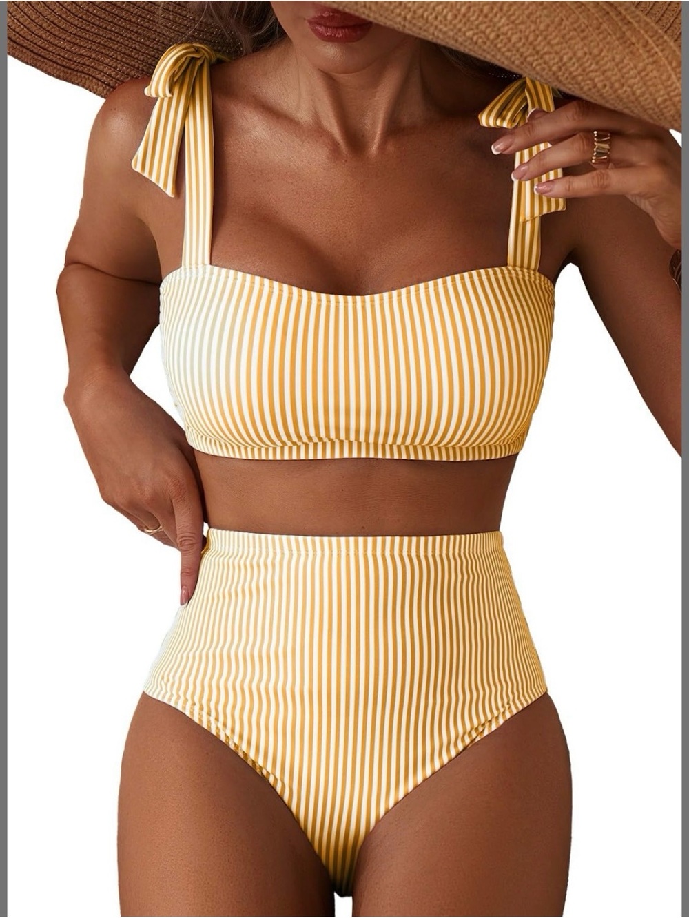 Yellow & White Striped High-Waist Bikini Set